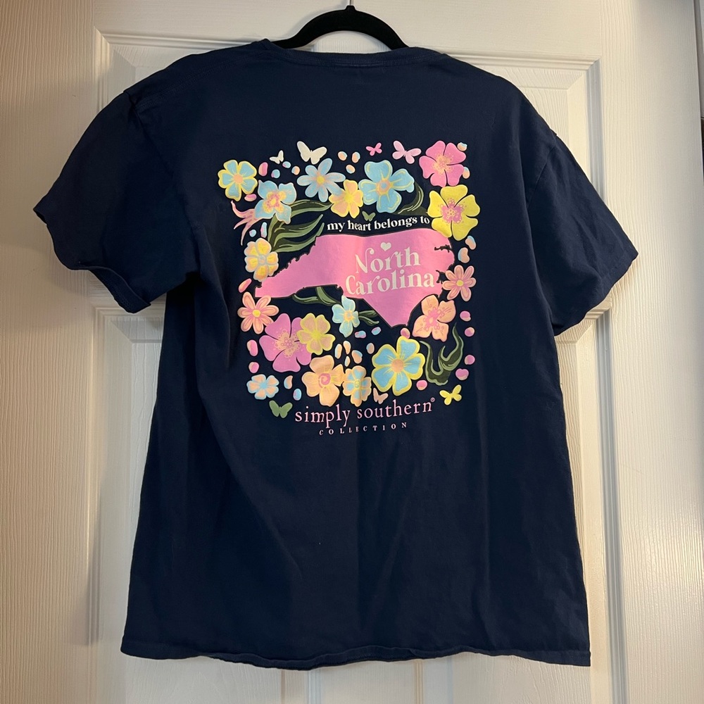 Simply Southern Navy Tee with Pink North Carolina & Pastel Floral Design